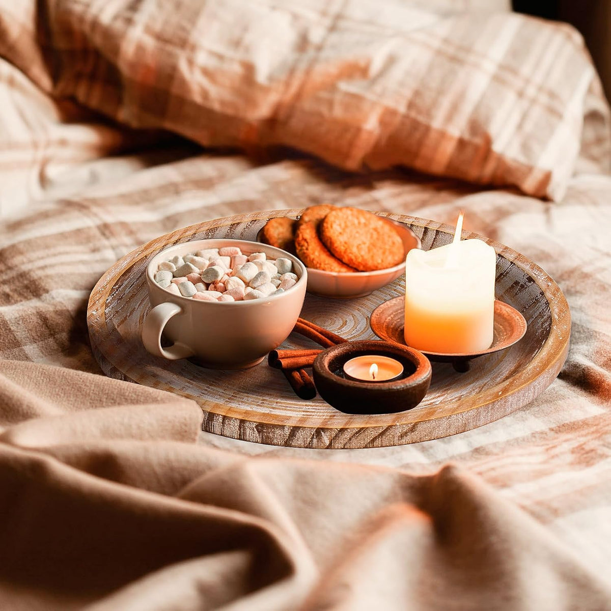 Rustic Wooden Serving Tray Set of 2 Round Wood Decorative Tray Centerpiece Dining Room Table Farmhouse Platter for Food, Fruit, and Coffee Great for Bed, Patio, Ottoman, Coffee Table, Kitchen or Party