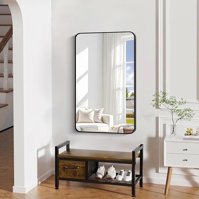 24" x 40"Bathroom Mirror, Matte Black Wall Mirror with Metal Frame, Decorative Rectangular Vanity Mirror for Bedroom Bathroom Living Room Entryway (Horizontal/Vertical)