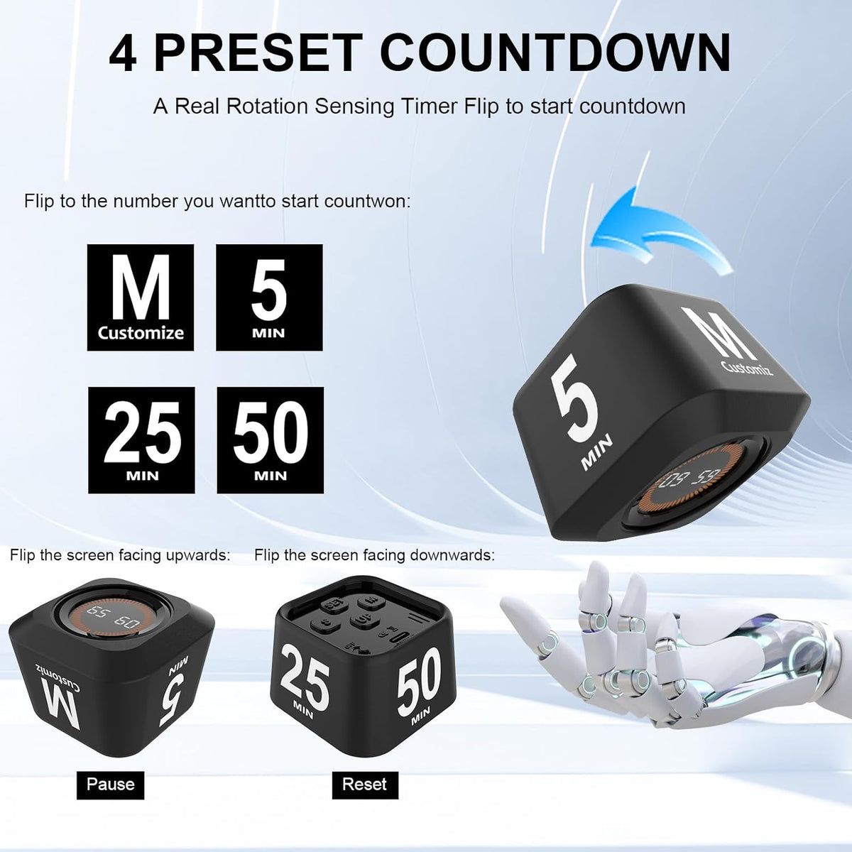 Rotating Cube Visual Timer 5, 25, 10, 50 Min Preset + Custom Countdown, Rechargeable Desk Productivity Flip Timer w/Silicone Case, Silent Mode, Ideal for ADHD Tool Study Work School (Black)