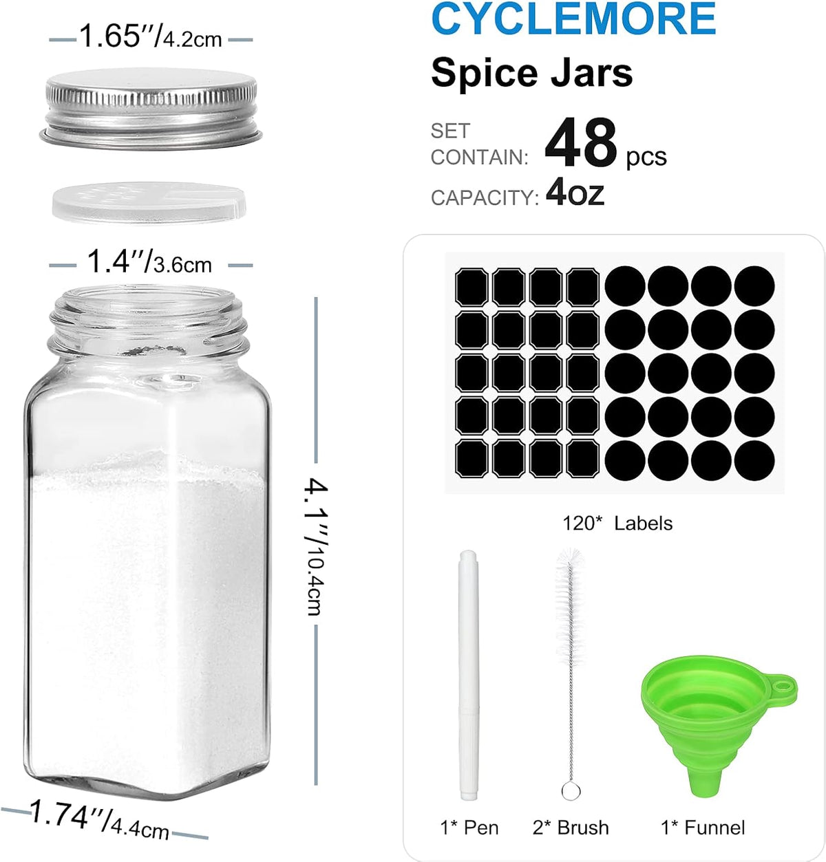 CycleMore 48 Pack 4oz Glass Spice Jars Bottles, Square Spice Containers with Silver Metal Caps and Pour/Sift Shaker Lid-80pcs Black Labels,1pcs Silicone Collapsible Funnel and 2pcs Brush Included