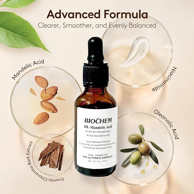 BIOCHEM DL-Mandelic Acid Facial Renewal Ampoule - Gentle AHA Exfoliation Treatment for Discoloration, Dullness, Uneven Skin Tone, Wrinkles, and Fine Lines for All Skin Types - 1.01 Fl. Oz. / 30 mL