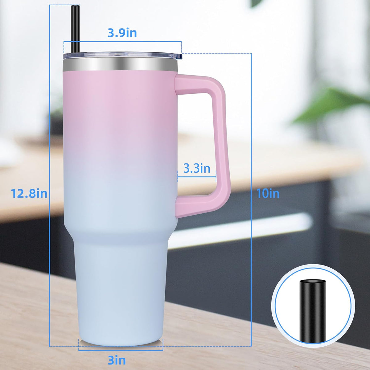 DOMICARE 40 oz Tumbler with Handle and Straw, Stainless Steel Tumbler with Lid and Straw, Reusable Vacuum Insulated Cup, Travel Coffee Mug, Dreamy Pink Blue, 4Pack