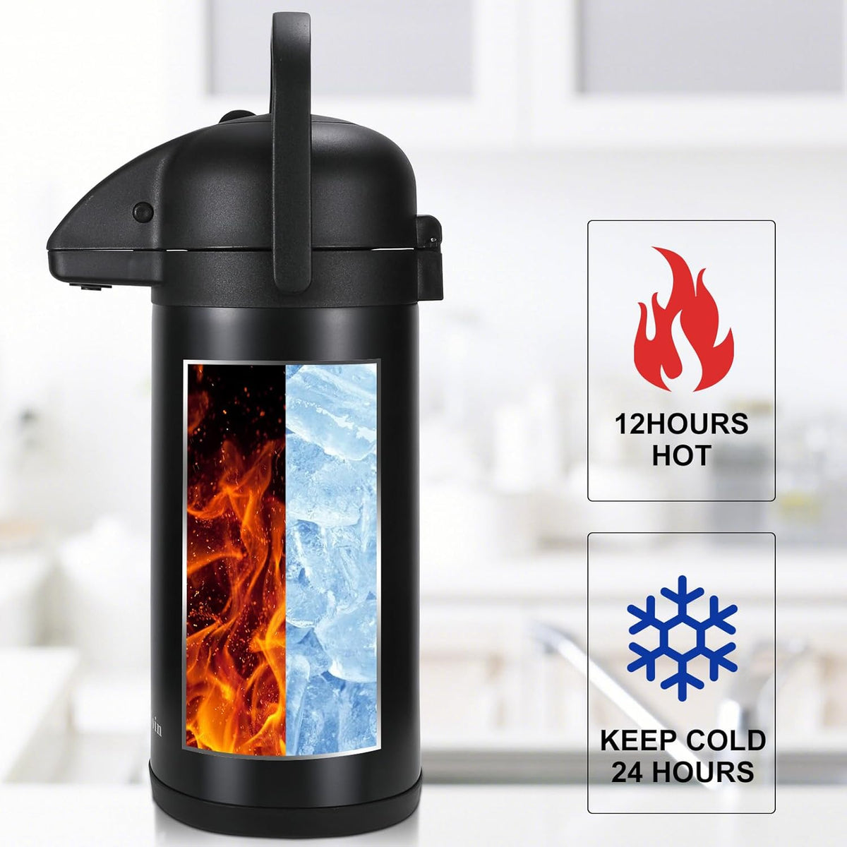 Updated Airpot Coffee Dispenser with Pump, 64 OZ Insulated Thermal Coffee Carafe for Keeping Hot - Cold Water, Party Chocolate Drinks & Stainless Steel Thermos Urn Large Thermal Hot Drink (Black)