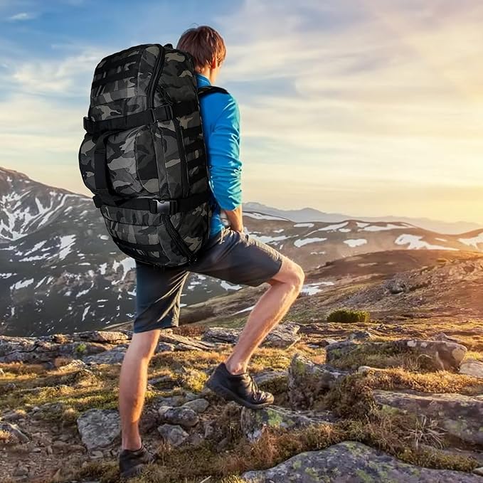 65L Large Duffle Bag, 3-in-1 Tactical Backpack MOLLE Pack for Sports, Gym, Outdoor, Black Camo