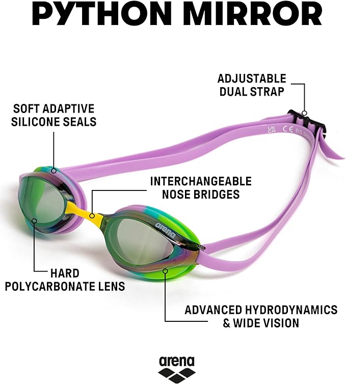 ARENA Unisex Python Racing Swim Goggles for Men and Women Anti-Fog No Leak Max Comfort Dual Strap, Mirror/Non-Mirror Lens