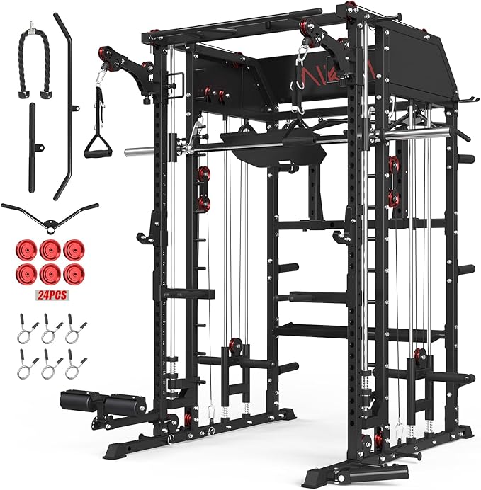 Mikolo Smith Machine, Multi-Function Power Cage with Dual Pulley System, Vertical Leg Press Attachment, Squat Rack Power Rack with More Training Attachment for Home Gym