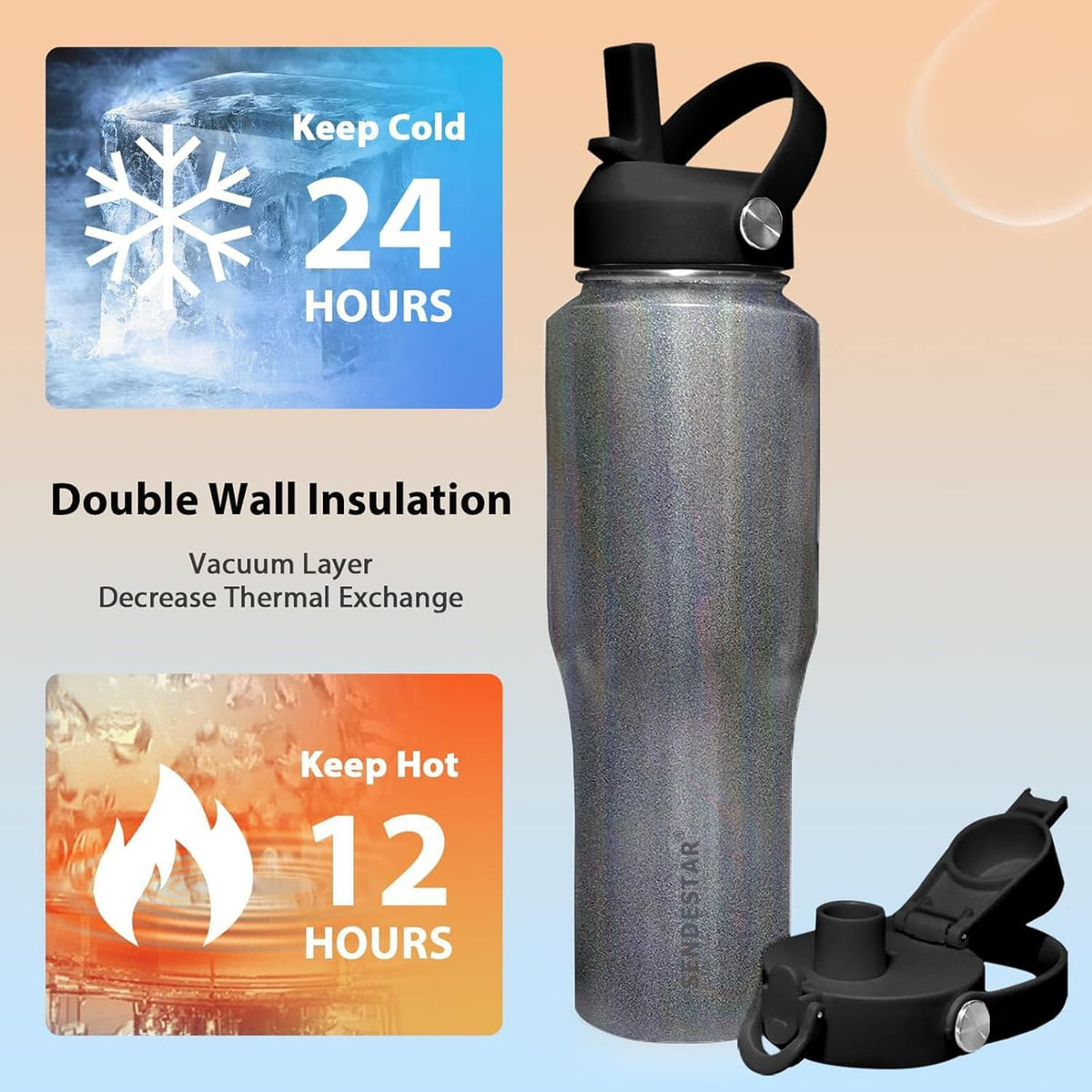 SENDESTAR 40oz Stainless Steel Water Bottle(Cold for 48 Hrs, Hot for 24 Hrs),Double Wall Vacuum Insulated Bottle with Straw Lid, Spout Lid and Flex Cap, Fit in Any Car Cup Holder TXIN-40-Laser Grey