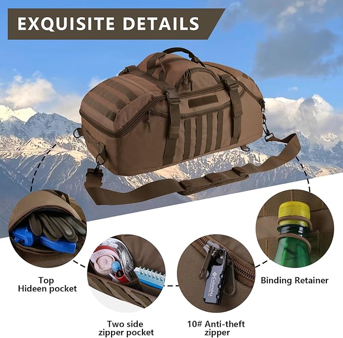 65L Large Duffle Bag, 3-in-1 Tactical Backpack MOLLE Pack for Sports, Gym, Outdoor, Dark Brown
