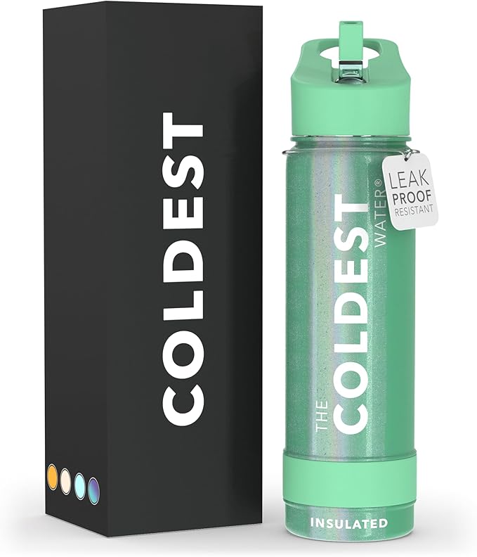 Coldest Insulated Water Bottle with Straw Lid - Stainless Steel Metal Insulated Bottle for Men & Women (Green Aurora Glitter, 24 oz)