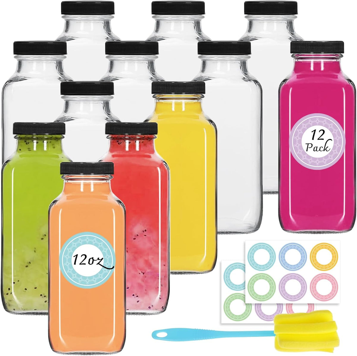 12 pack 12 oz Glass Juice Bottles with Lids, 360 ml Reusable Glass Water Bottles, Empty Drink Containers Drinking Jars with Brush, for Milk, Juicing, Kombucha, Ginger