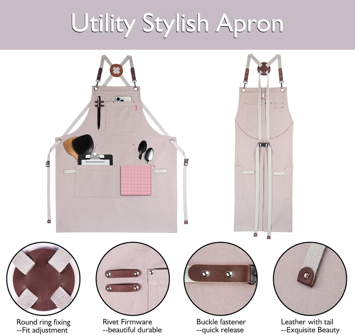 10 Pack Kitchen Aprons, Work Apron, Canvas, Multiple Pockets, Gardening, Painting, BBQ, Artist, Carpenter, Sizes M to XXL, Grey