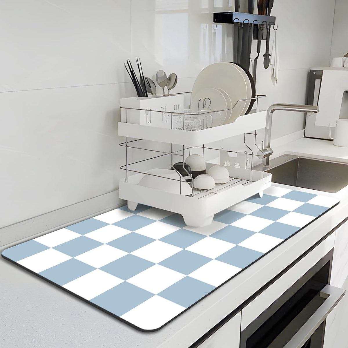 Dish Drying Mat for Kitchen, 15.7'' x 23.6'' Checkered Coffee Bar Mat for Countertops, Coffee Station Mat with Non-slip Rubber Backed, Absorbent Dish Dying Pat for Kitchen Counter, Blue & White