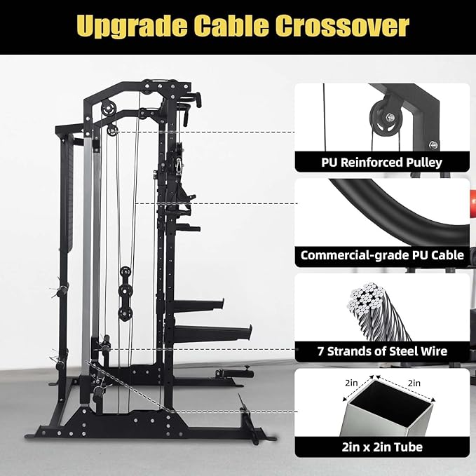 Power Cage, Squat Rack with Cable Crossover and Dual Independent Pulley System, 2000LB Capacity Workout Cage with More Training Attachments, Power Rack for Home Gym