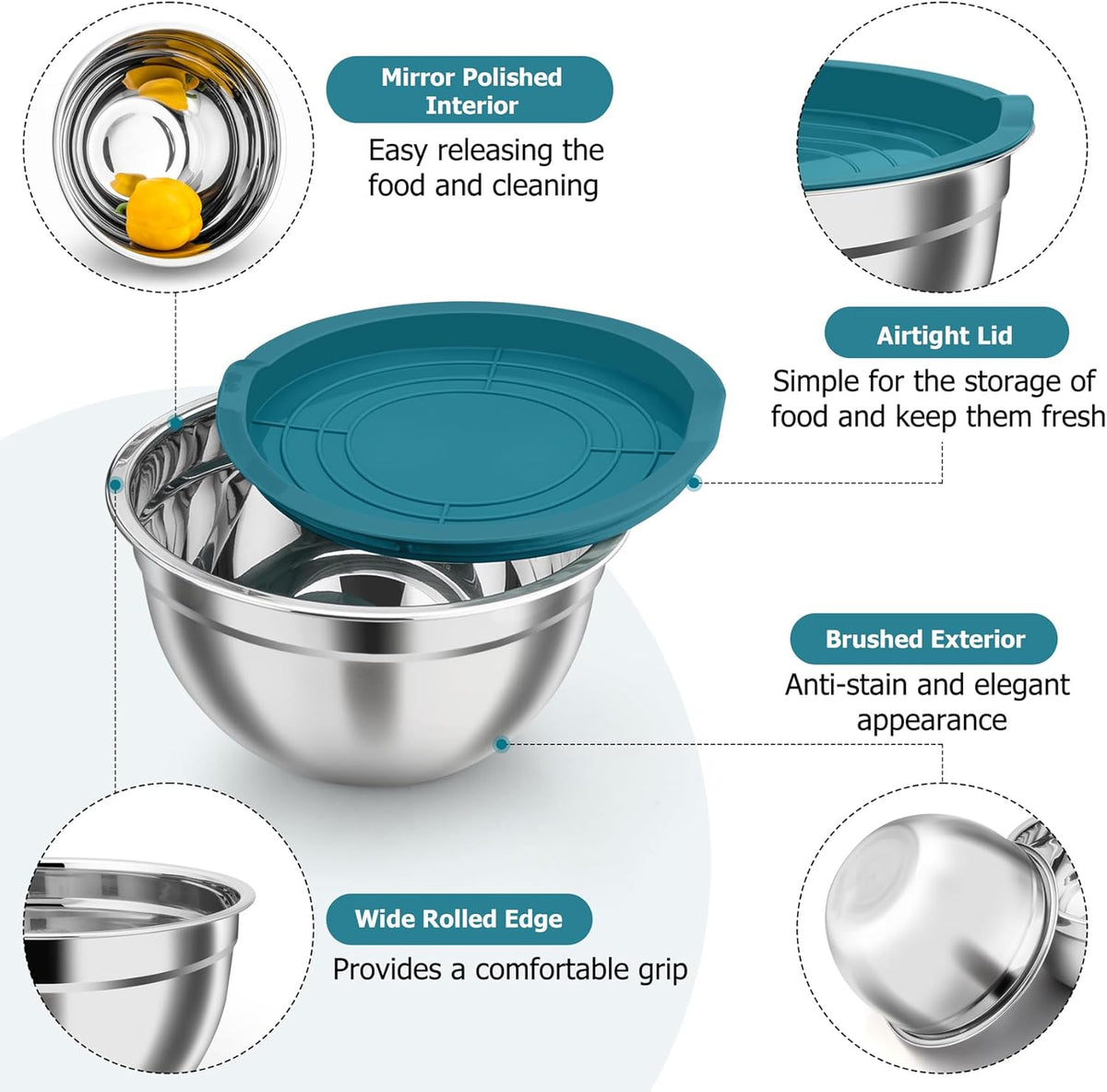 TeamFar Mixing Bowls, Stainless Steel Nesting Salad Bowls with Airtight Lids Set, For Serving/Mixing/Storing, Healthy & Heavy-duty, Dishwasher Safe & Easy Clean, 4.6/3 / 1.5 QT, Navy Blue