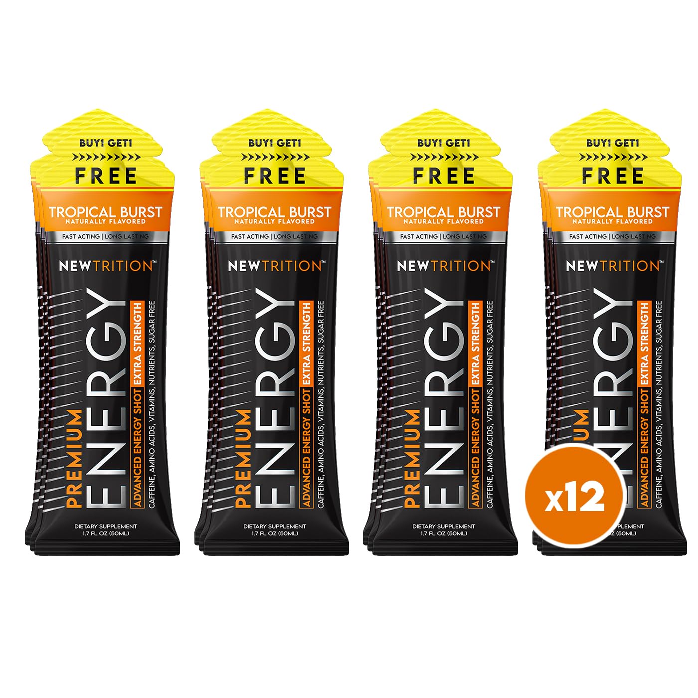 NewTrition® Extra Strength Energy Shots, 250mg Caffeine Energy Shots with Vitamin B & Amino Acids, Sugar-Free Vitamin Energy Shot, 1.7 fl oz (Pack of 12, Tropical Burst)