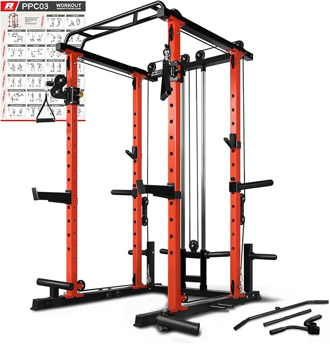RitFit Multi-Function Squat Rack Power Cage PPC03 with Cable Crossover System, 1000LBS Capacity Power Rack and Packages with Optional Weight Bench, Barbell Weight Set, for Garage Workout & Home Gym