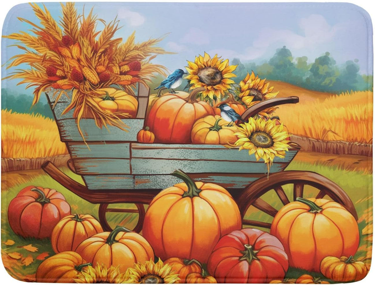 Thanksgiving Autumn Harvest Pumpkin Dish Drying Mat for Kitchen Counter,Sunflowers and Cart Drying Mat 18 x 24 Inch Microfiber Dish Drying Pad Ear of Rice Dish Rack Drainer Mat for Coffee Bar