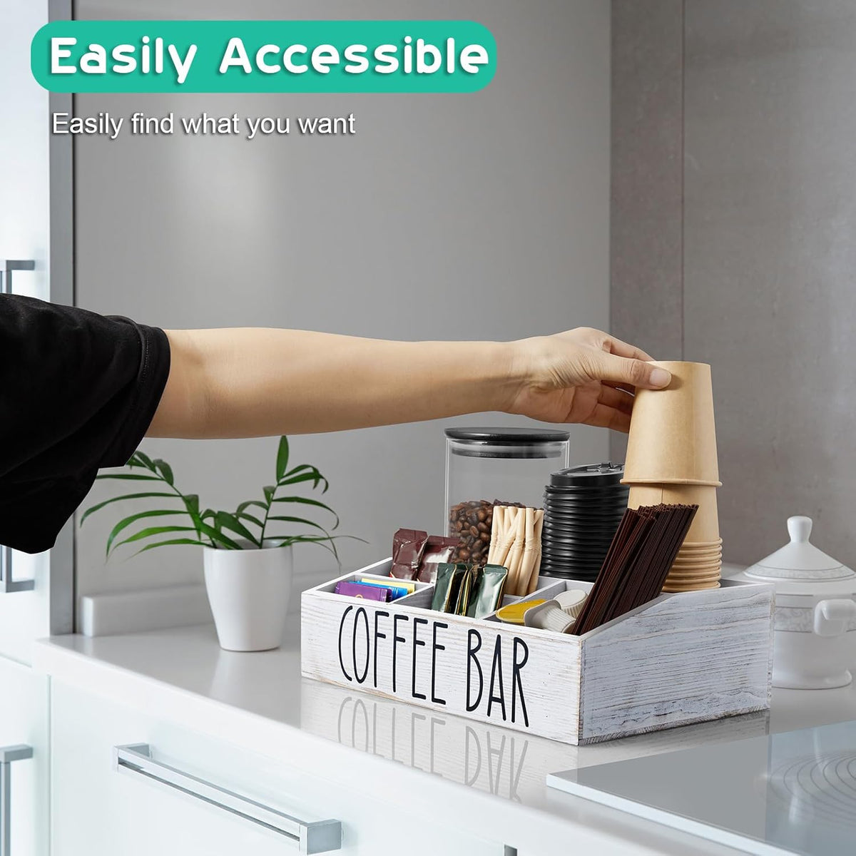 ALELION White Coffee Station Organizer for Countertop - 7 Compartments Rustic Coffee Bar Accessories and Organizer with Removable Dividers