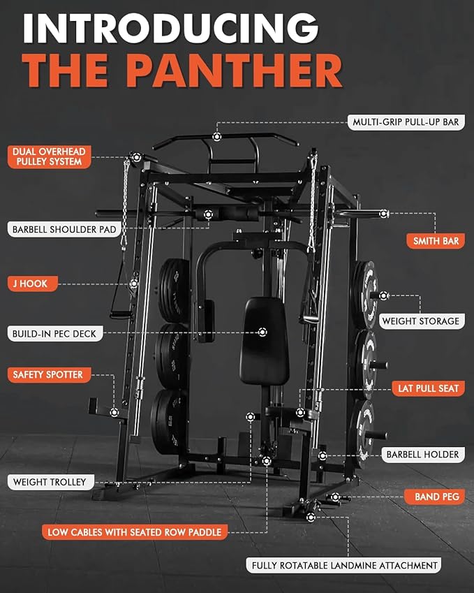 Mikolo All-in-One Smith Machine Home Gym with 230lbs Weight Plates, Power Cage with Cable Crossover, LAT Pulldown, Squat Rack & Adjustable Weight Bench