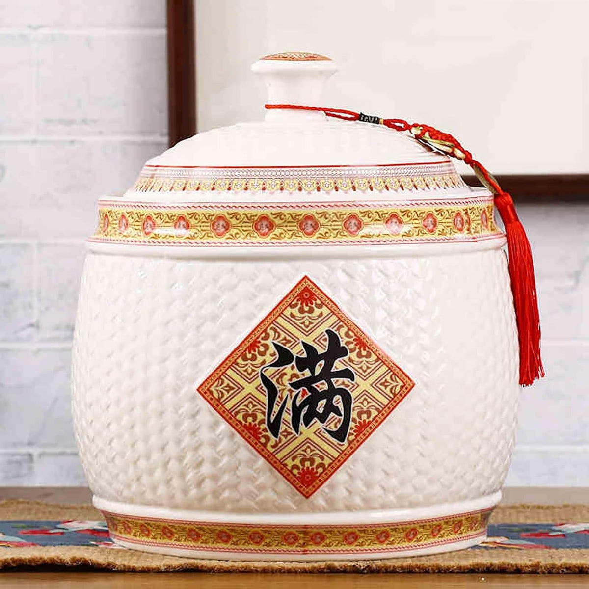 Chinese Sealed Large-Capacity Rice Pot, Ceramic Rice Bucket With Tassel Design, Grain Storage Ceramic Container, Rice Dispenser Airtight Storage Bucket For Grains Snacks Candy Coffee Beans Food(B,Capa