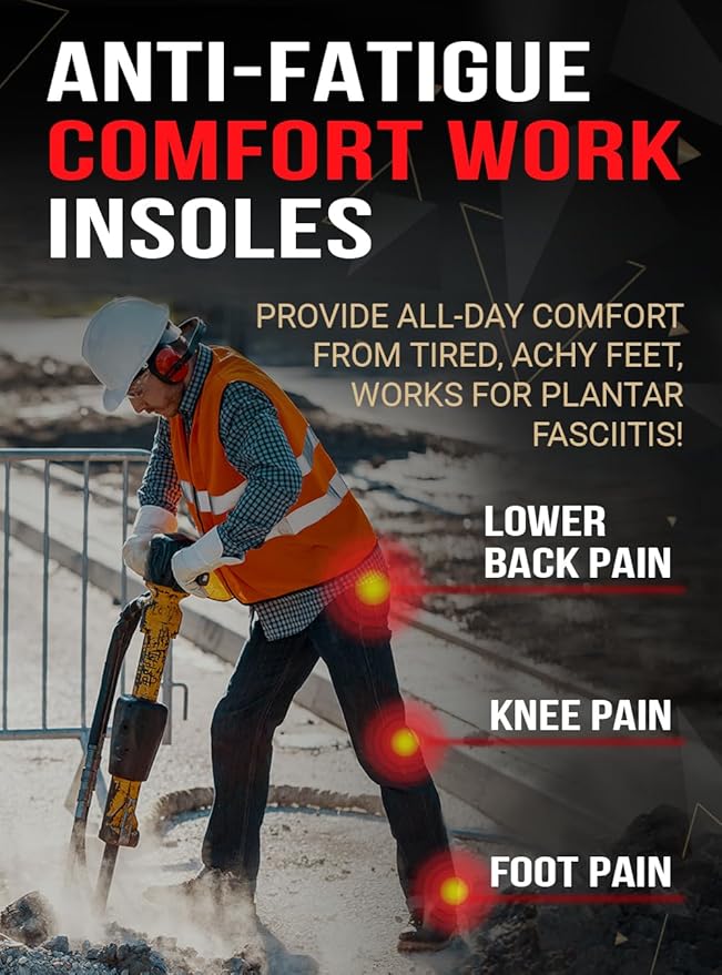 2 Pairs of Work Pro Comfort Insoles - Foot Pain Relief - Cushioning and Shock Absorption - Work Boot Insoles for Men Women - Non-Slip Anti Fatigue Inserts (M, 2-Pairs-Black)