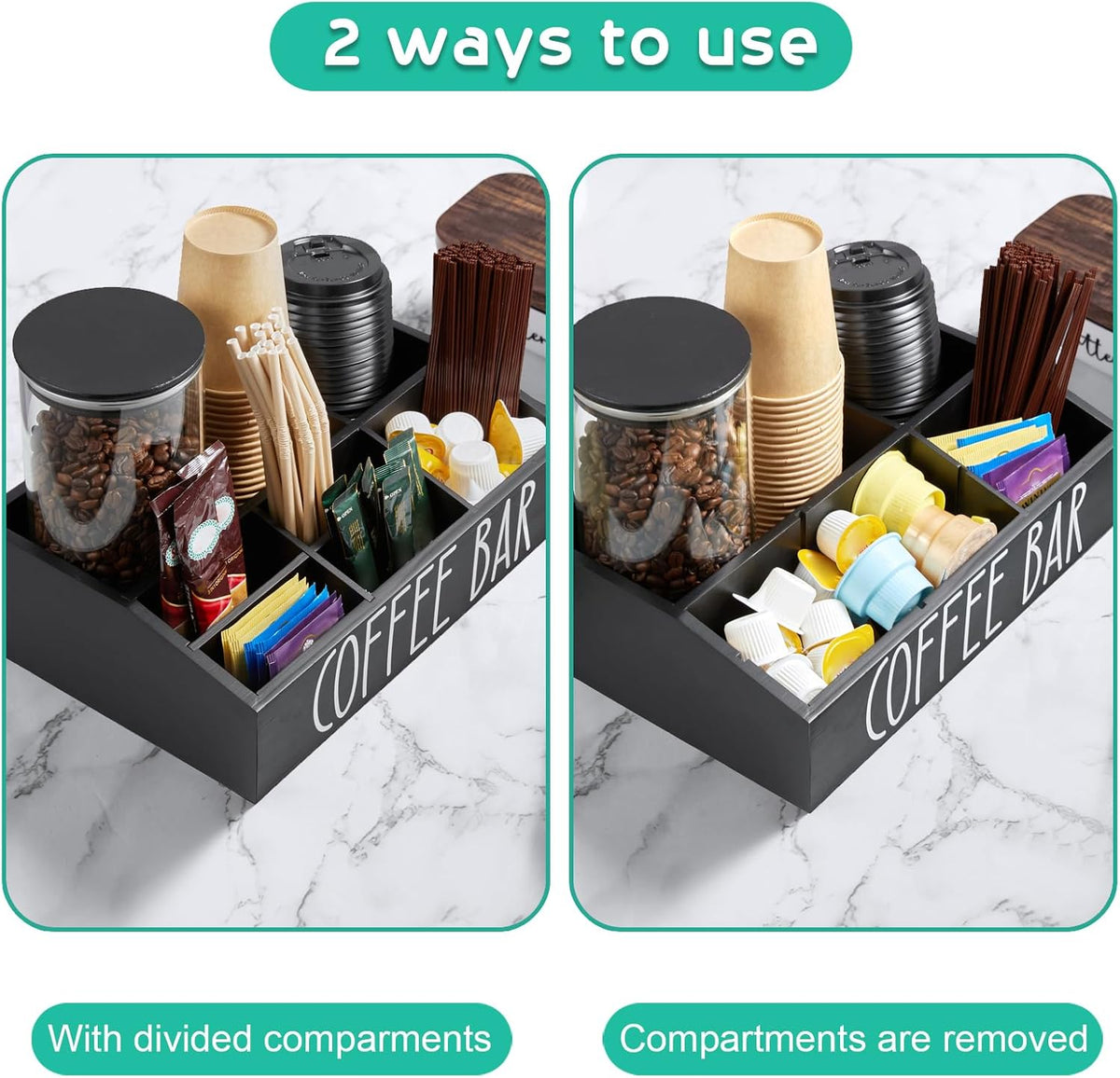 ALELION Coffee Station Organizer for Countertop - 7 Compartments Coffee Bar Accessories and Organizer with Removable Dividers - Black Coffee and Tea Condiment Organizer