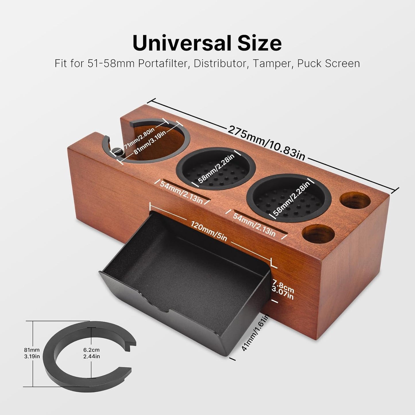 Espresso Tamping Station 8 in 1 Red Rosewood Multifunctional Coffee Organizer with Stainless Steel Drawer Fits 51, 54, 58mm Espresso Tamper, Portafilter, Distributor & Puck Screen Espresso Accessories