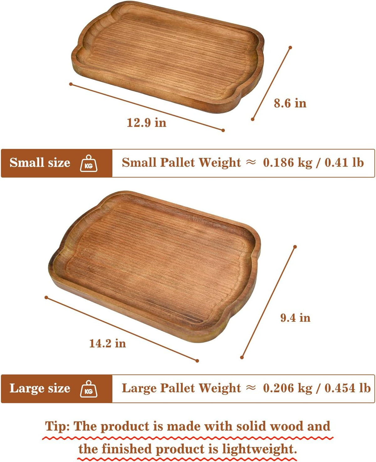 Rustic Wood Serving Tray Set of 2 Brown Rectangular Decorative Trays Farmhouse Charcuterie Boards Platter for Food, Fruit, and Coffee Great for Bed, Living, Ottoman, Coffee Table, Kitchen, or Party.