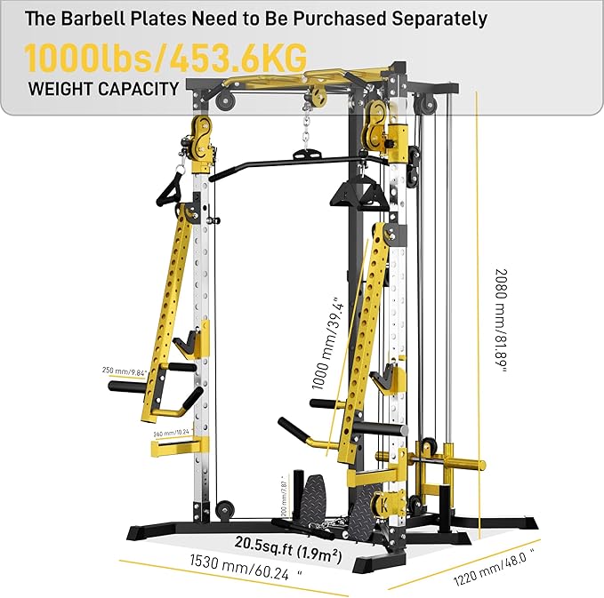 Power Rack with Dual Pulley System, Cable Crossover, LAT Pulldown, Bench Press & Squat Rack, Full Body Strength Training Cage for Home Gym