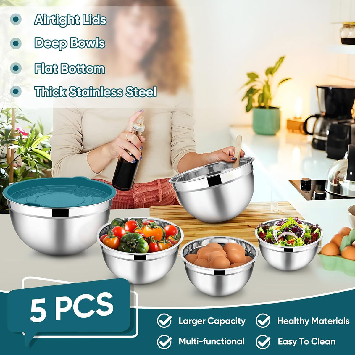 TeamFar Mixing Bowl Set of 5, Stainless Steel 4.5/3/1.5/1/0.7 QT Metal Nesting Salad Bowls with Lids, Ideal for Mixing Serving Tossing, Non-Toxic & Sturdy, Airtight Lid & Easy Clean, Blue