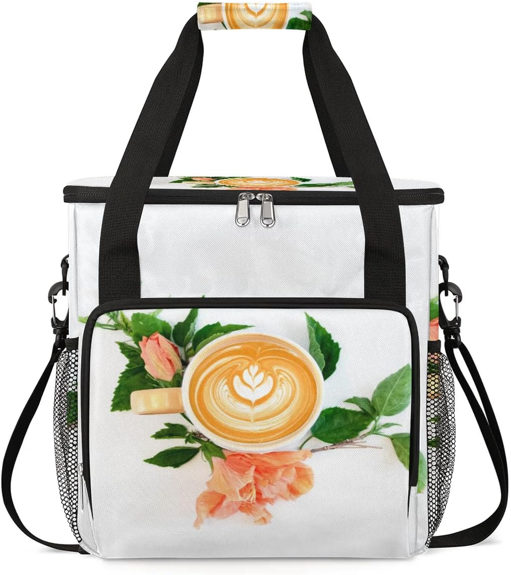 coffee beans cup flower Coffee Maker Carring Bag Travel Carrying Storage Tote Bag Compatible with Keurig K-Mini or K-Mini Plus Portable Single Serve Coffee Brewer Case with Pockets for K-cup Pods