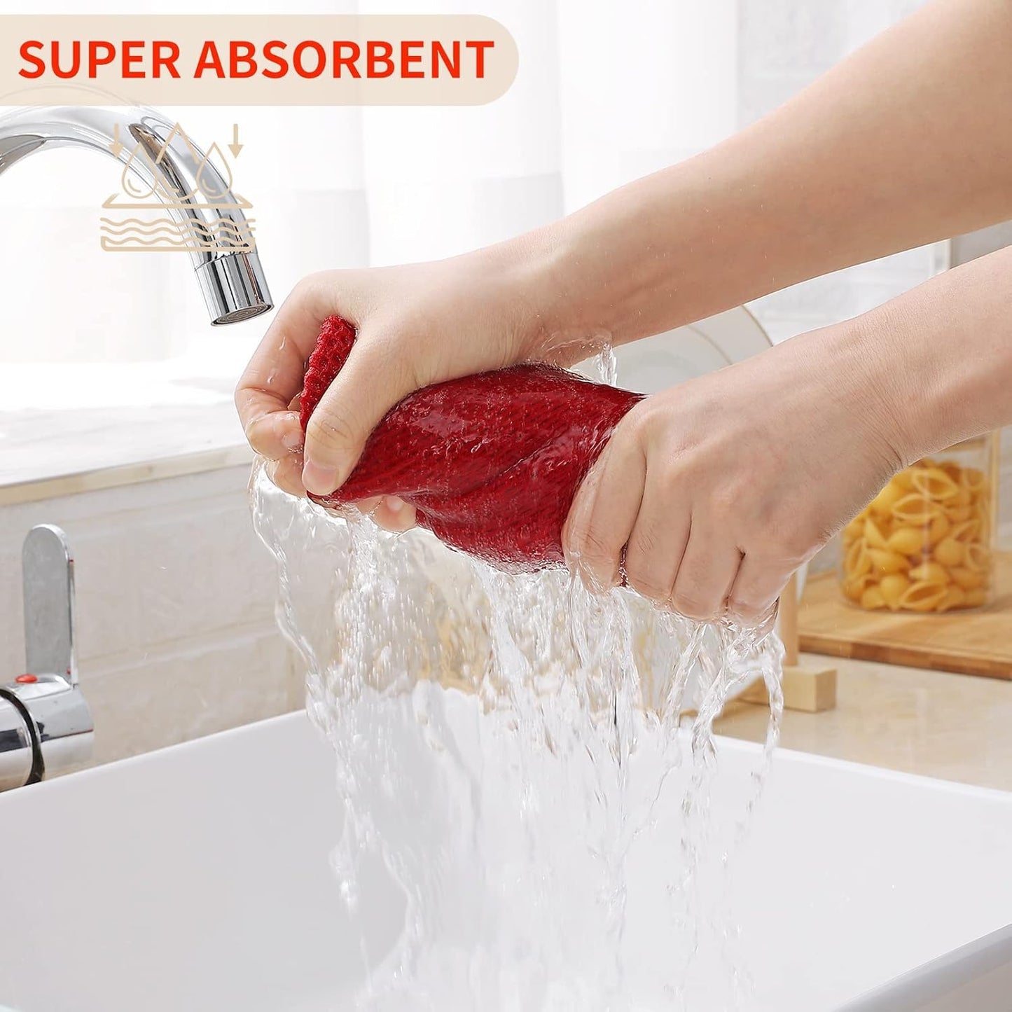 Kitinjoy 100% Cotton Waffle Weave Kitchen Towels, 6-Pack Super Soft and Absorbent Dish Towels for Drying Dishes, Kitchen Hand Towels, 13 in x 28 in, Red