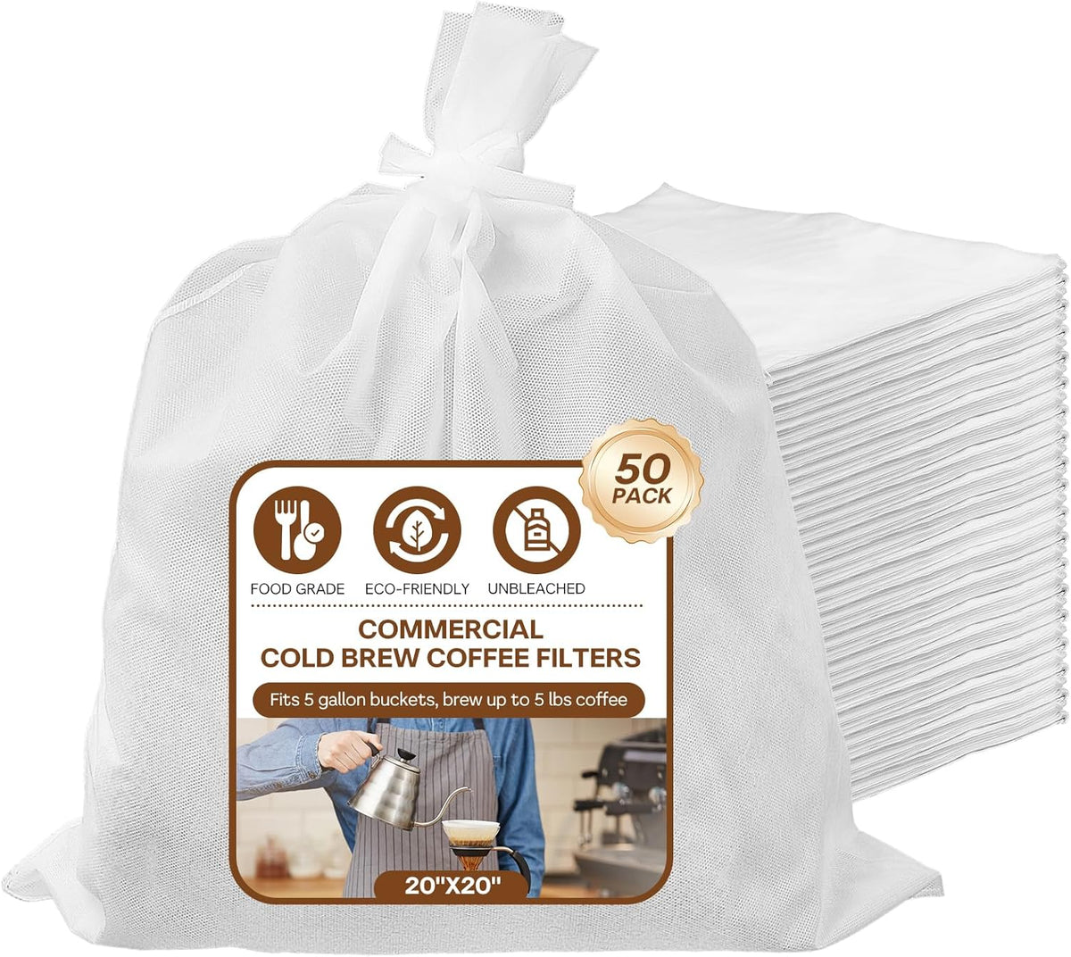 50Pcs Commercial Cold Brew Coffee Filters for 5 Gallon Buckets, 20" X 20" Disposable Coffee Filters with Drawstring for Brew Up To 5 LBS Coffee