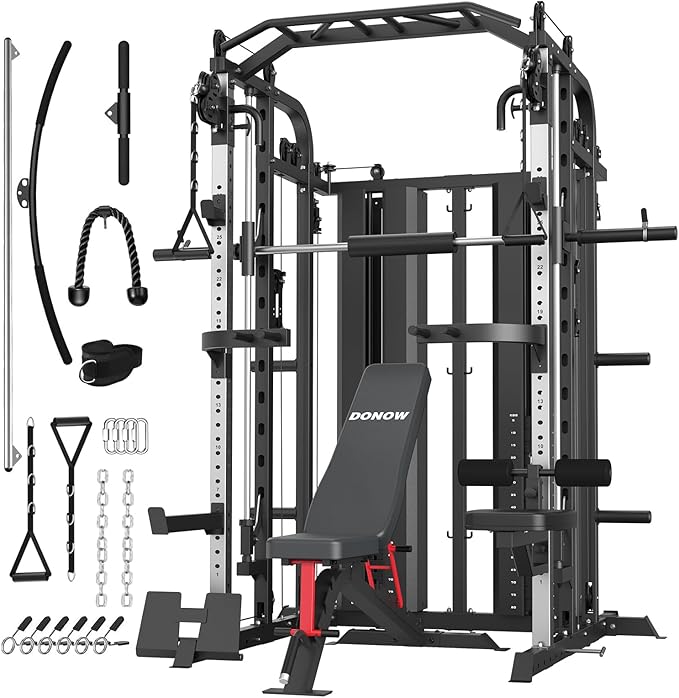 DONOW Smith Machine with Weight Stacks Power Cage Squat Rack Dual Cable Crossover Machine Home Gym Systems Station LAT Pull Down