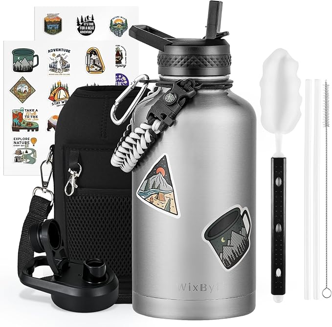 64 oz Insulated Water Bottle with Straw (Cold for 48 Hrs), Half Gallon Stainless Steel Triple Wall Vacuum Sports Water Jug, Leakproof Hydro Cup Flask with Straw Spout Lids & DIY Stickers