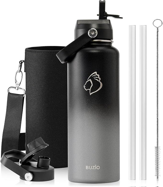 BUZIO Insulated Water Bottle with Straw Lid and Flex Cap, 40oz Modern Double Vacuum Stainless Steel Water Flask, Cold for 48 Hrs Hot for 24 Hrs Simple Thermo Canteen Mug