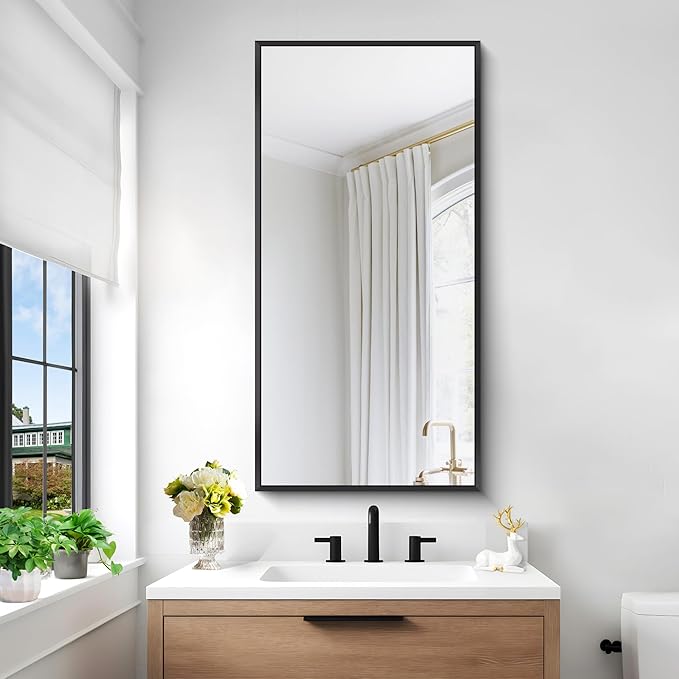 Bathroom Mirror,24x48 inch Wall Mirror for Bathroom Wall Mounted Black Rectangle Square Corner Mirrors, Black Bathroom Mirror for Living Room, Farmhouse, Bedroom Entryway, Horizontal/Vertical