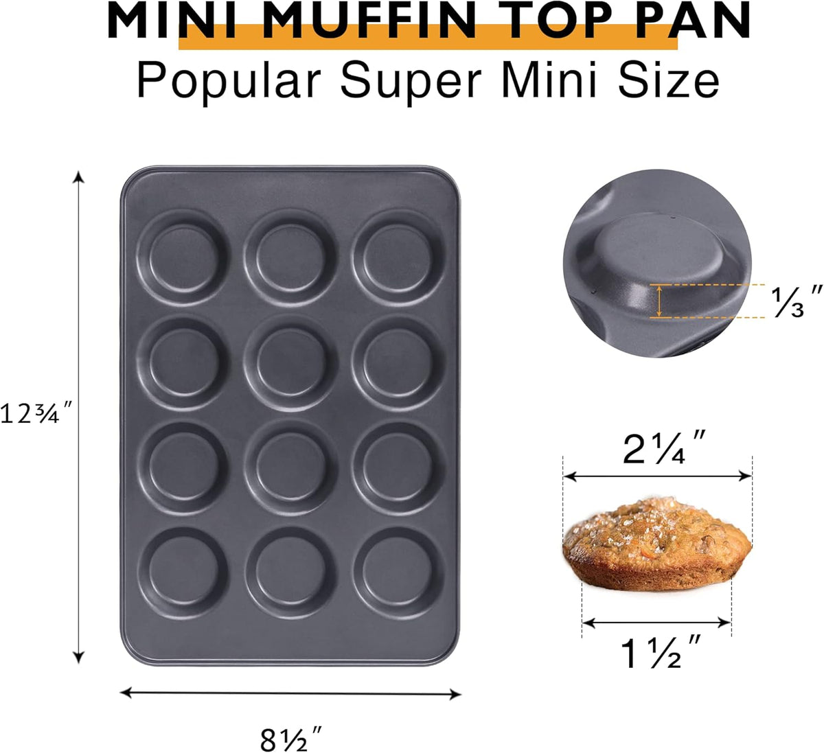 HONGBAKE Mini Muffin Top Pan for Baking, Premium 12 Cavity Small Whoopie Pie Pan, Nonstick Yorkshire Pudding Pan for Pansuffin, Moon Pie, Cookies, Dishwasher Safe and Easy to Clean