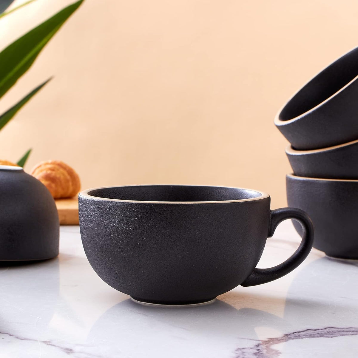 Set of 6 Cups Vintage Design 12 oz Professional Barista Ceramic Latte Art Cappuccino Cups Set (Rough Black * 6)