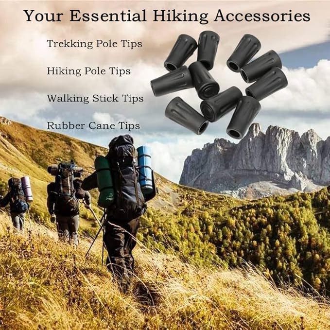 6pcs Walking Stick Tips, Replacement Rubber Tips for Walking Sticks, Trekking Pole Tips Baskets Hiking Pole Tips Feet Shock Absorption Rubber Cane Tips 11mm Diameter Survival Hiking Stick Accessories