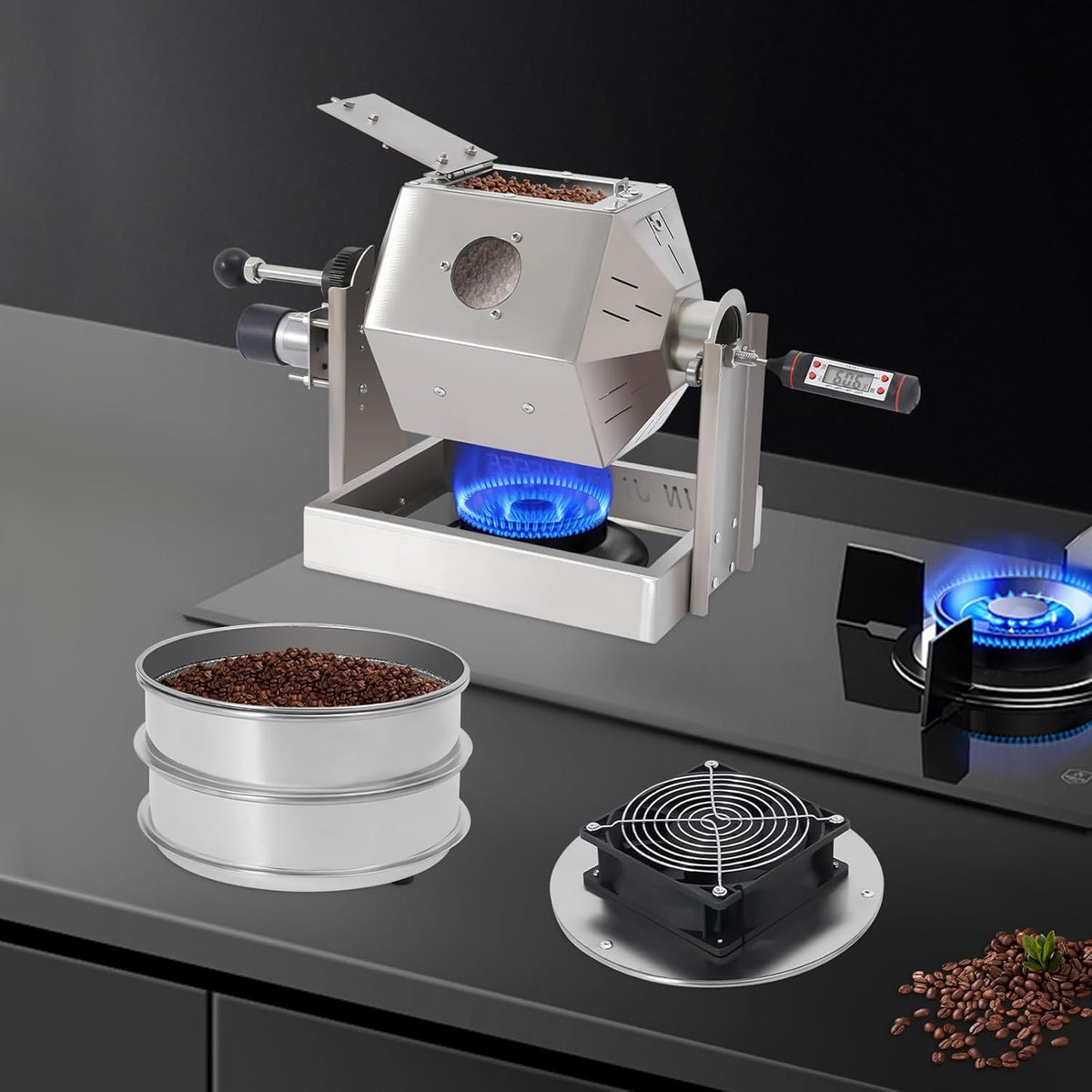 3.8L/3.45QT Coffee Roaster, Stainless Steel Coffee Bean Roaster with Cooler, 6 & 40 Mesh Sieves, Speed Controller, Thermometer, Drum Type Nuts Baker for Home and Commercial Use