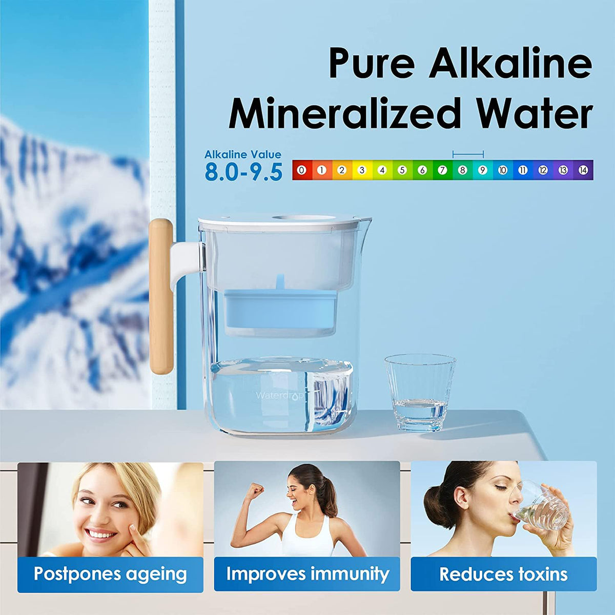 Waterdrop Alkaline Chubby 10-Cup Large Water Filter Pitcher with 1 Filter, Healthy, Clean & Toxin-Free Mineralized Alkaline Water (100 Gallons), Up to PH 9.5, BPA Free