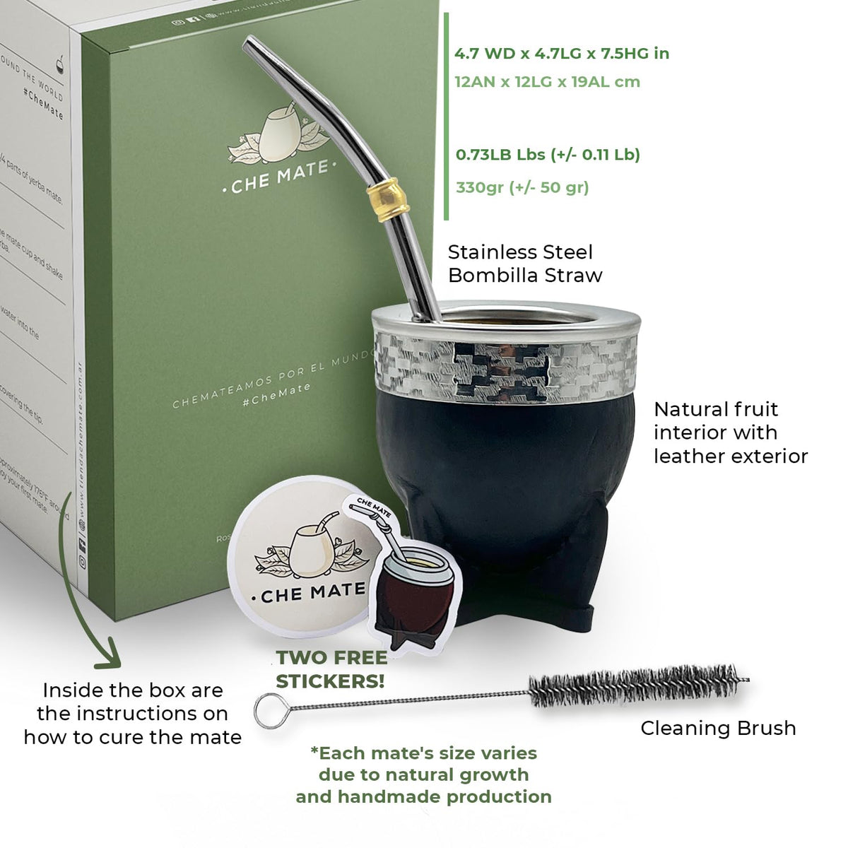 Premium Argentina-Uruguay Yerba Mate Cup and Bombilla Set, Organic Gourd Tea Mug with Steel Straw (Bombilla) and Cleaning Brush, Handcrafted for Loose Leaf Yerba Mate Tea - Imperial Version