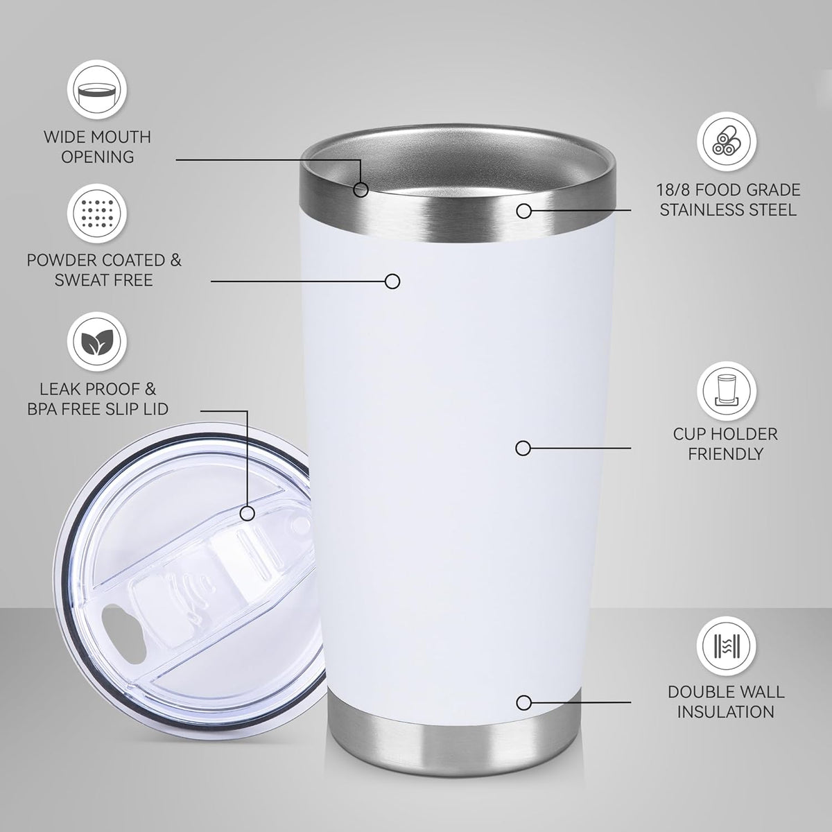 20 oz Tumbler Stainless Steel Tumblers Bulk with Lid Double Wall Insulated Coffee Tumbler Cups for Hot & Cold Drinks Powder Coated Travel Coffee Tumbler Mug Metal (White, 12 pack)