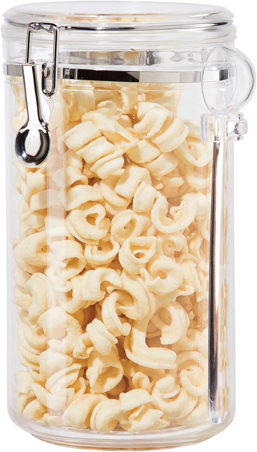 Oggi Clear Canister Airtight 72oz - Clamp Lid & Spoon - Airtight Food Storage Container, for Kitchen & Pantry Storage of Bulk, Dry Foods, Pasta, Flour, Sugar, Coffee, Rice, Tea, Spices & Herbs