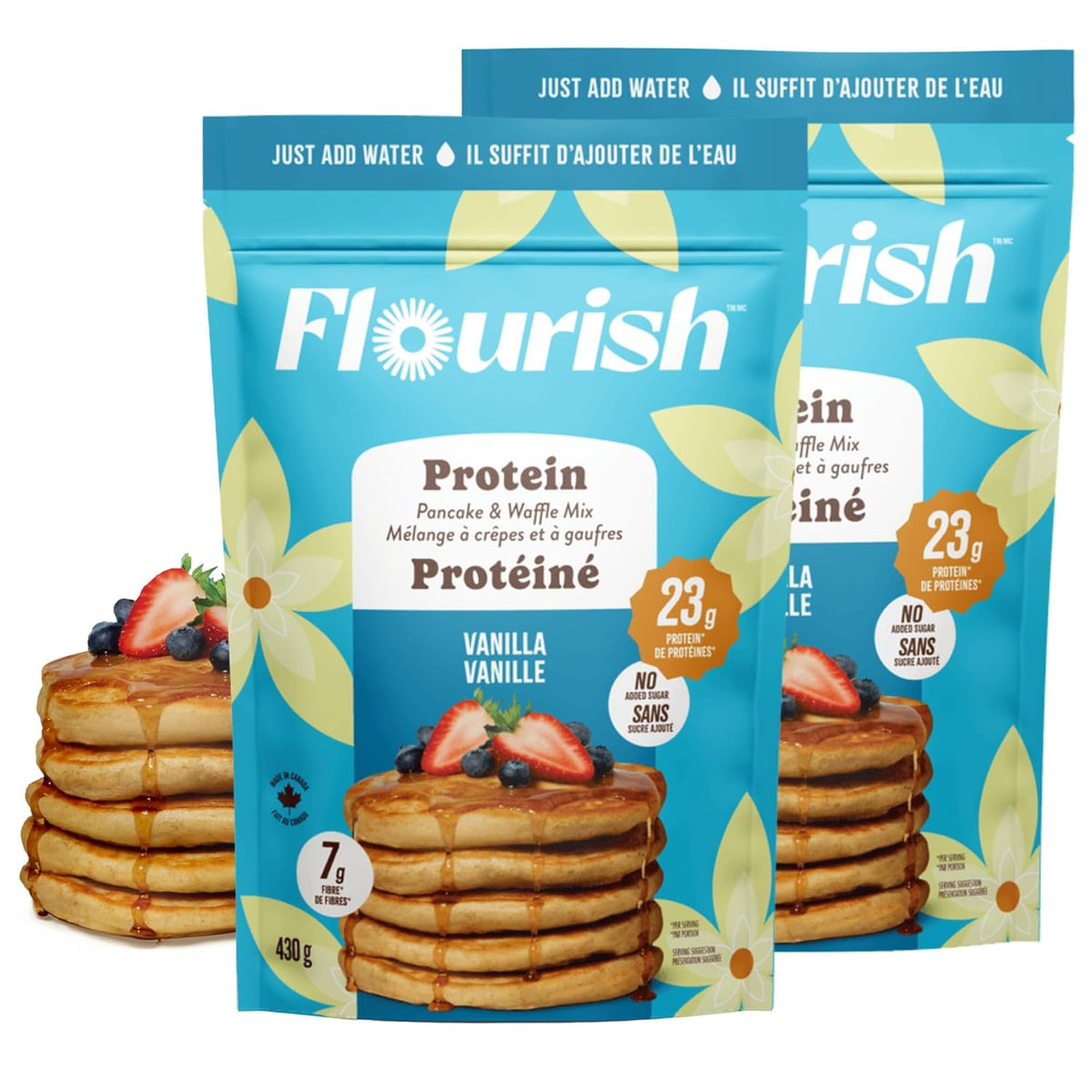Flourish Protein Pancake & Waffle Mix, with Whey Protein & Flax Seed, No Added Sugar, High in Protein & Fiber - Just Add Water - Vanilla Flavour, 430g (2 Pack) - Made in Canada