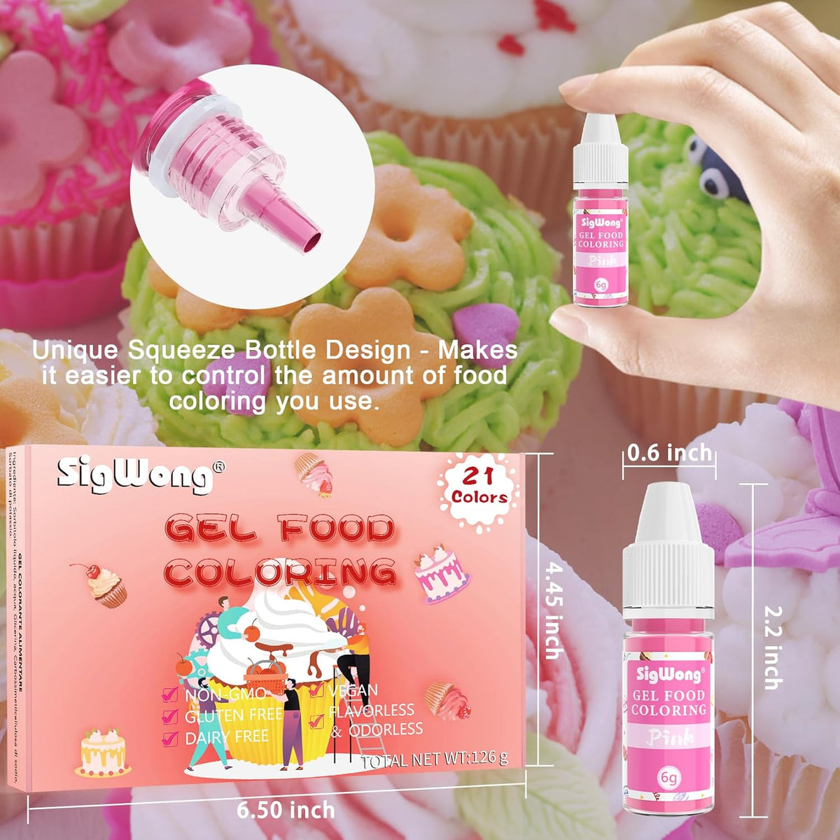 Gel Food Coloring Set - 21 Colors Tasteless Based Color Dye, Vibrant Edible Icing for Cake Cookie Decorating, Baking, Fondant, Frosting, Easter Eggs, with Gloves (6g/Bottle) Vegan