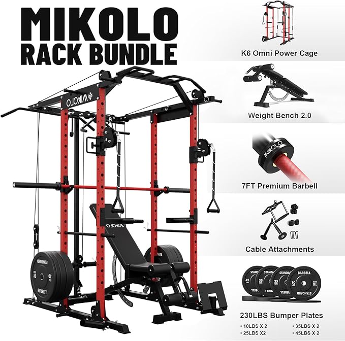 Mikolo Power Cage, Power Rack with Cable Crossover System, 1500LBS Squat Rack with LAT Pull Down System, Workout Cage with Pulley System for Fitness Home Gym