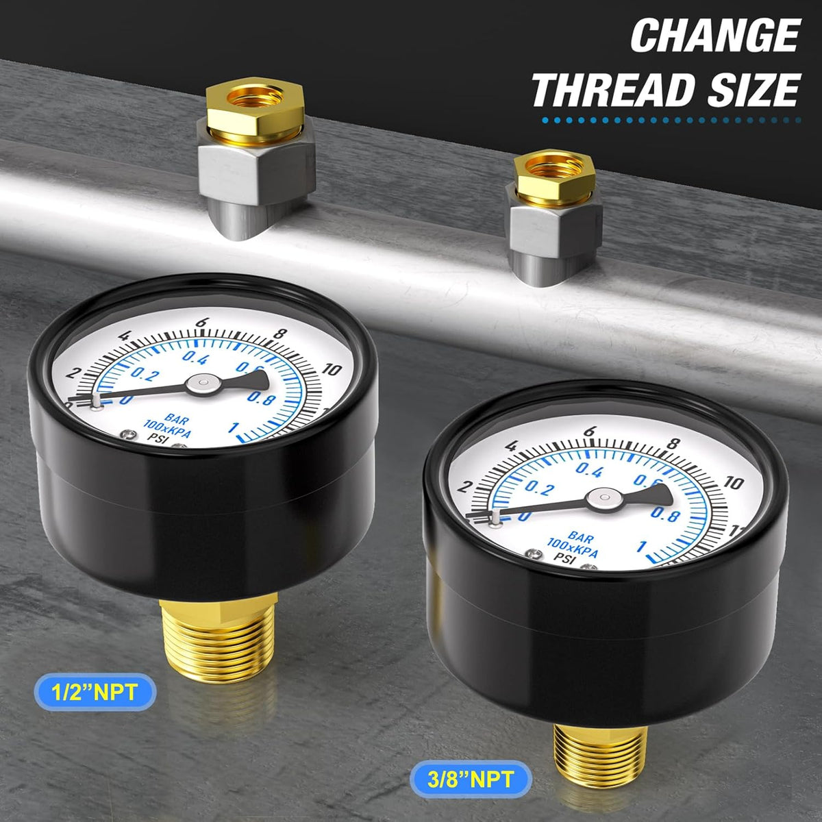 MEANLIN MEASURE 0-15Psi 2" DIAL FACE 1/4" NPT Well Pump Pressure Gauge, with 1/2" NPT and 3/8" NPT Hex Bushing, 3-2-3% Accuracy, Center Back Mount