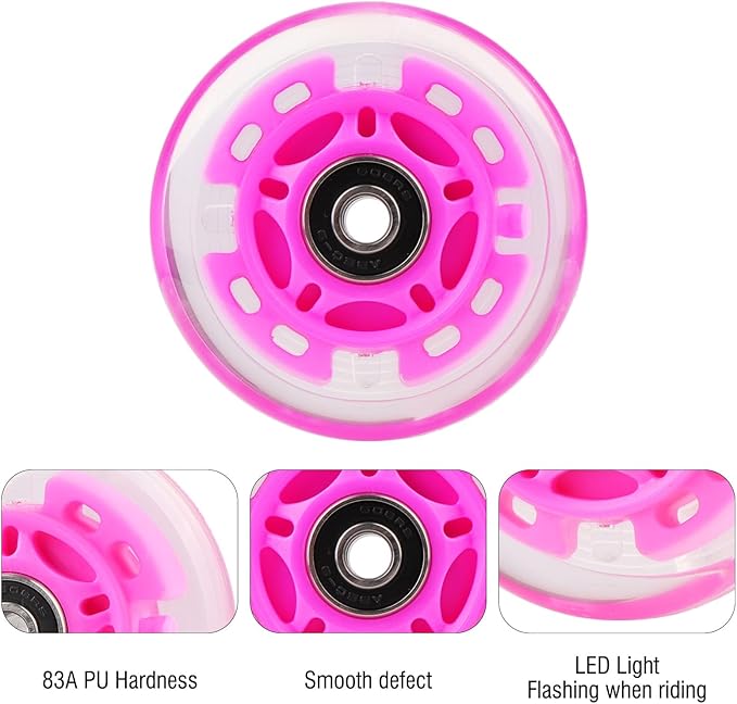 8pcs Inline Skate Wheels Led Light-Up Wheels 64/70/72/76/80mm w/Bushings 85-88A for Kids and Youth Beginners Children's Inline Skates Indoor/Outdoor Use (Pink, 76mm)